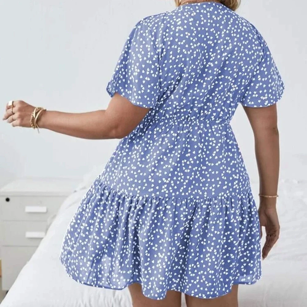 Boho ruffle frill short sleeve heart print v neck dress light blue - Picture 2 of 11